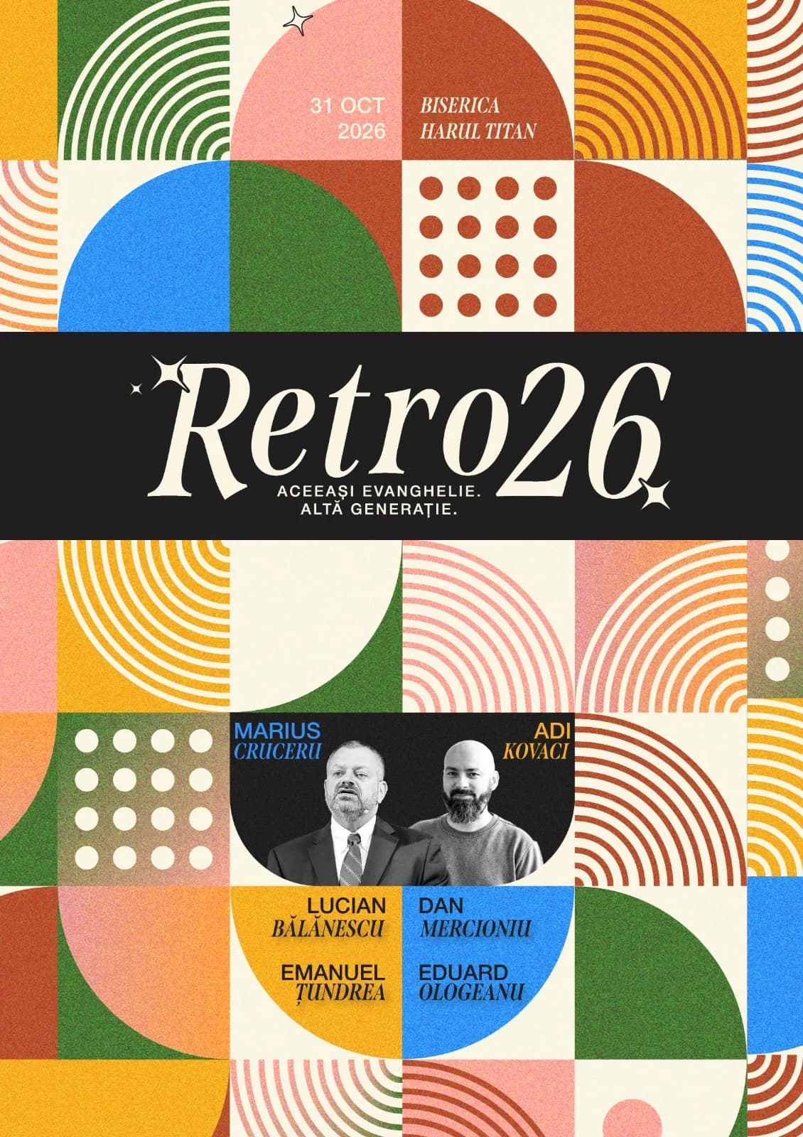 Afișul conferinței de tineri RETRO26, Biserica Harul Titan, 31 octombrie 2026, cu Marius Cruceru și Adi Kovaci